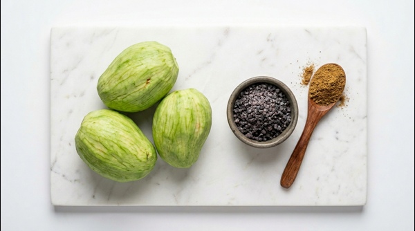 Peeled raw mangoes on a white marble countertop ready for boiling