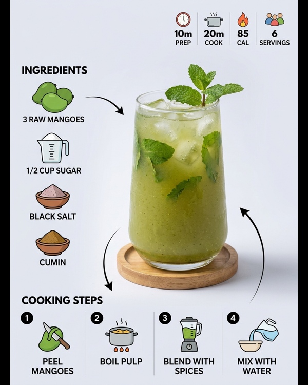 A tall glass of chilled Aam Panna garnished with fresh mint leaves and roasted cumin powder