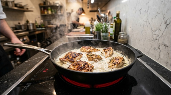 Finished Afghani chicken in a modern pan with white creamy gravy bubbling