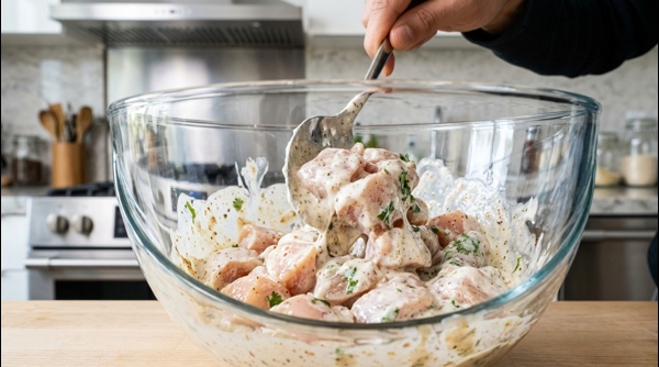 Chicken pieces being mixed with creamy white marinade in a modern glass bowl