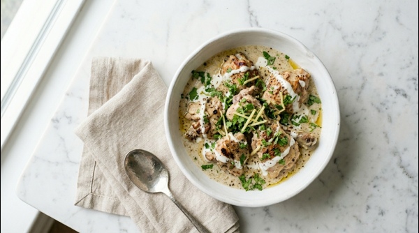 A platter of creamy Afghani chicken garnished with fresh coriander and cream