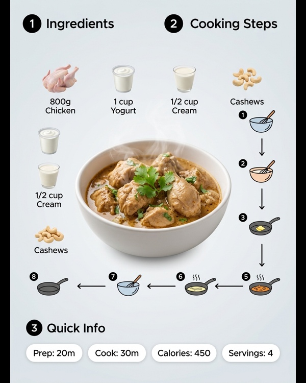 A platter of creamy Afghani chicken garnished with fresh coriander and cream