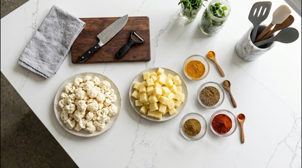 Sautéing cubed potatoes in a stainless steel pan with cumin seeds until golden brown Sautéing cubed potatoes in a stainless steel pan with cumin seeds until golden brown