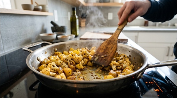 The finished Aloo Gobi dish garnished with fresh cilantro and ginger juliennes The finished Aloo Gobi dish garnished with fresh cilantro and ginger juliennes