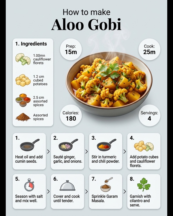 Restaurant style aloo gobi served in a copper bowl with fresh ginger juliennes and cilantro Restaurant style aloo gobi served in a copper bowl with fresh ginger juliennes and cilantro
