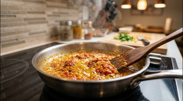 A steaming bowl of aloo matar curry ready to be served on a modern dinner table