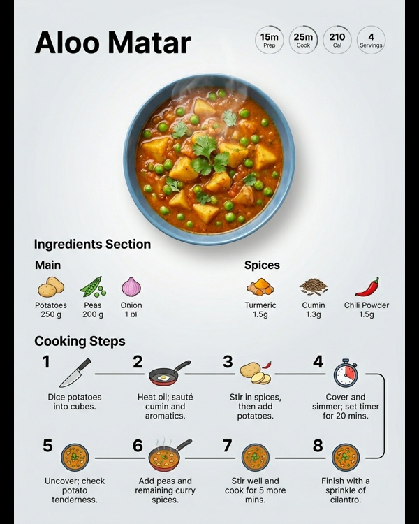 A steaming bowl of Aloo Matar curry with fresh coriander garnish on a marble countertop