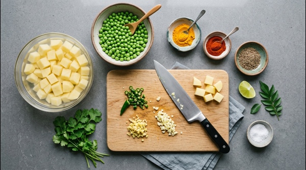 Freshly chopped potatoes, green peas, and spices arranged neatly on a marble counter