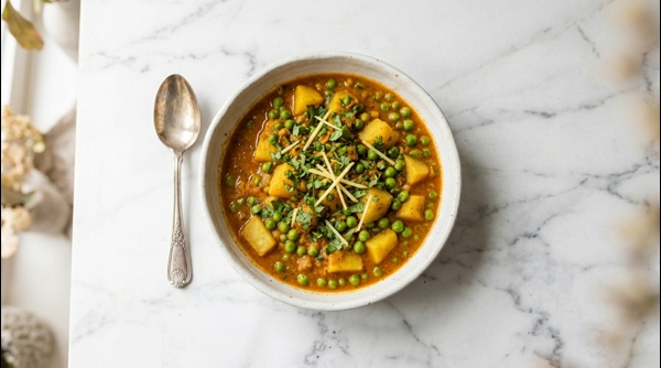 Restaurant style aloo matar served hot in a bowl with fresh cilantro garnish