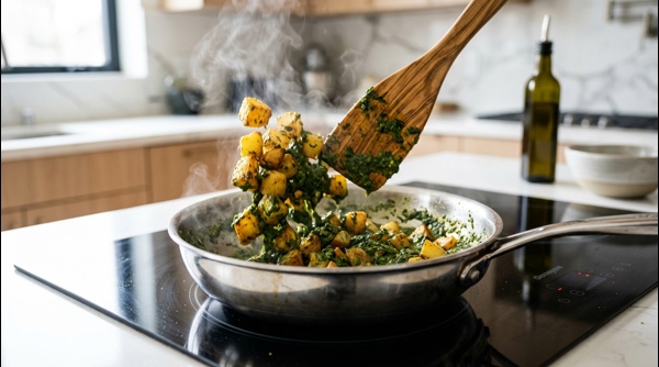 Aloo Palak simmering in a modern pan with steam rising