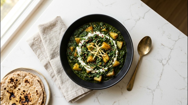 A vibrant bowl of Aloo Palak served with fresh rotis on a modern marble countertop