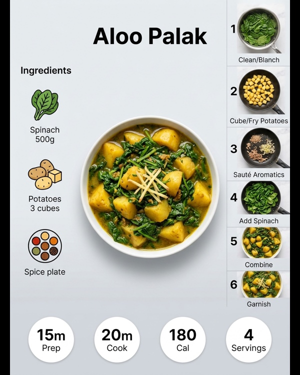 A vibrant bowl of Aloo Palak served with fresh rotis on a modern marble countertop