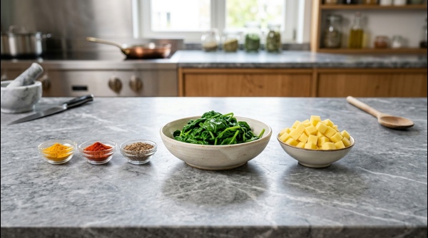Freshly blanched spinach leaves and cubed potatoes ready for cooking