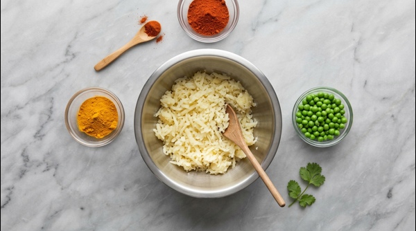Hand shaping potato mixture into round flat patties for frying