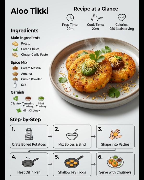 Crispy golden brown aloo tikki served on a white plate with chutney