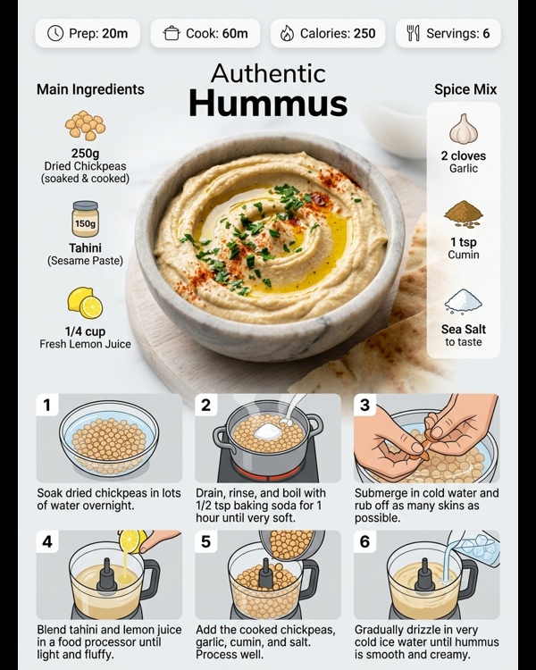 Creamy authentic hummus topped with olive oil and chickpeas in a modern bowl