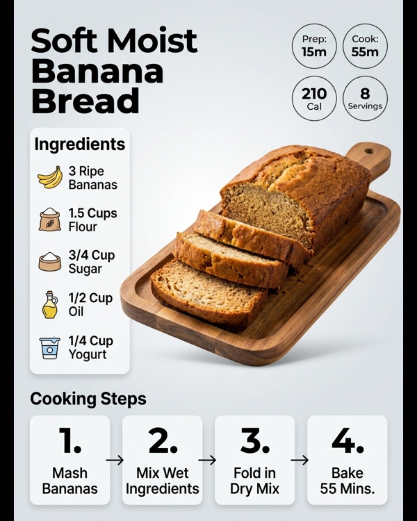 Soft moist bakery style banana bread slices served on a modern white plate