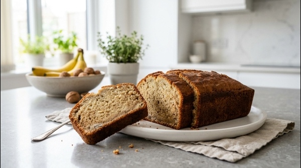 A soft bakery style banana cake sliced on a plate
