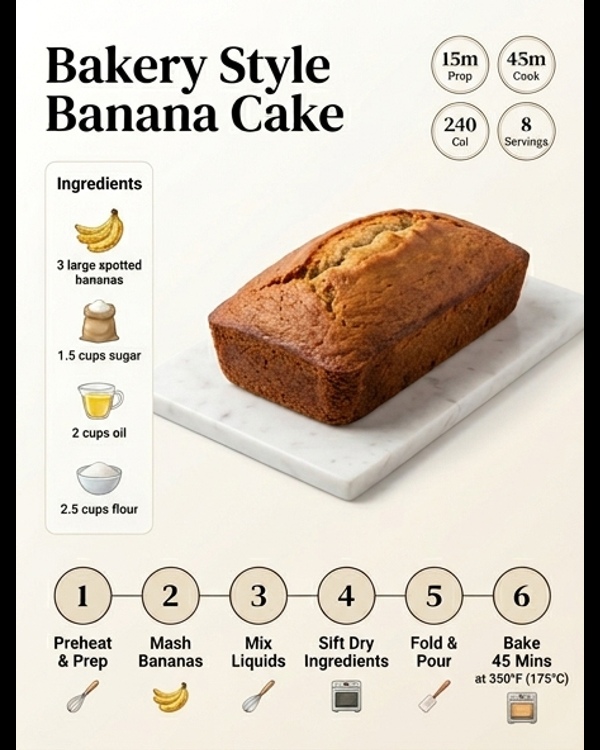 A soft bakery style banana cake sliced on a plate