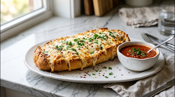 Cheesy bakery style garlic bread topped with fresh herbs on a clean marble counter Cheesy bakery style garlic bread topped with fresh herbs on a clean marble counter