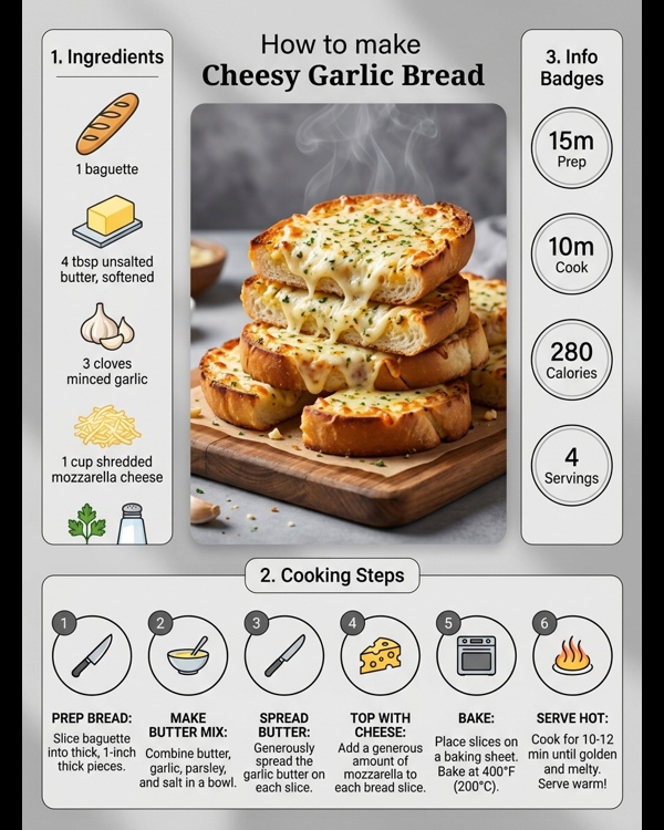 Cheesy bakery style garlic bread topped with fresh herbs on a clean marble counter Cheesy bakery style garlic bread topped with fresh herbs on a clean marble counter