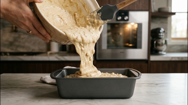 Freshly baked banana cake cooling on a wire rack in a bright kitchen