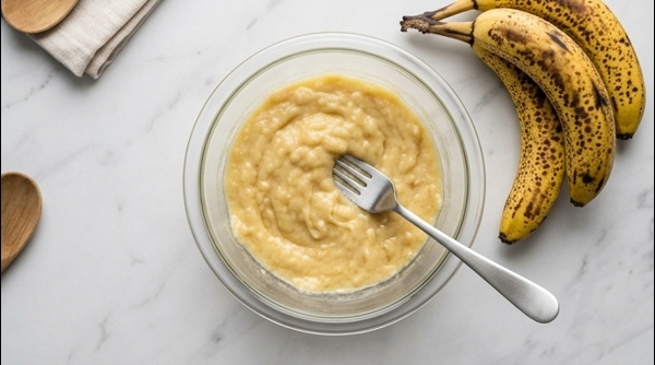 Mashing ripe bananas in a modern glass bowl on a marble counter