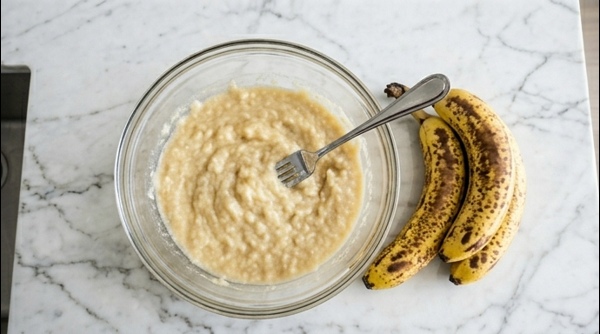 Mashing ripe bananas in a glass bowl for cake batter