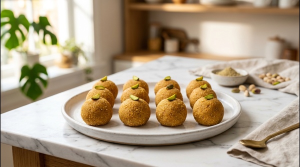 Golden brown Besan Ladoo garnished with chopped pistachios on a white plate