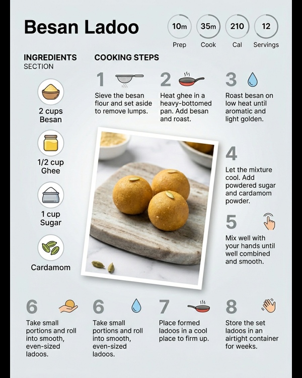 Golden brown Besan Ladoo garnished with chopped pistachios on a white plate