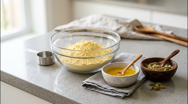 Roasting gram flour and ghee in a modern stainless steel pan