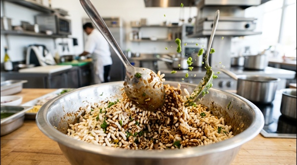 Bhel Puri served in a modern bowl with a garnish of lemon Bhel Puri served in a modern bowl with a garnish of lemon