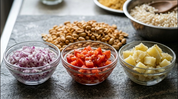 Mixing puffed rice with chopped vegetables in a stainless steel bowl Mixing puffed rice with chopped vegetables in a stainless steel bowl
