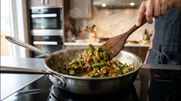 The final bhindi masala simmering in a modern pan with fresh cilantro on top