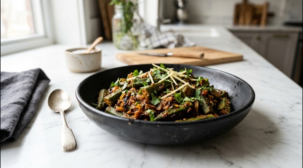 A beautiful plate of restaurant style bhindi masala with golden brown okra and rich spices