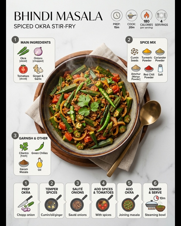 A beautiful plate of restaurant style bhindi masala with golden brown okra and rich spices