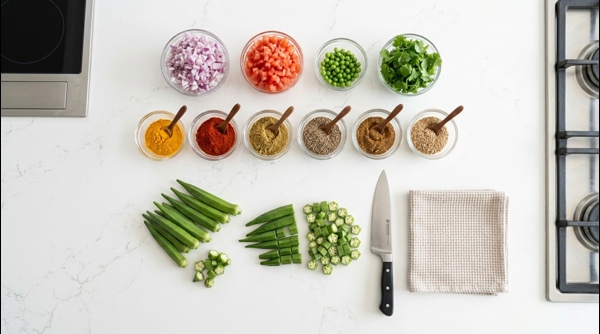 Chopped okra and sliced onions arranged neatly on a modern white countertop