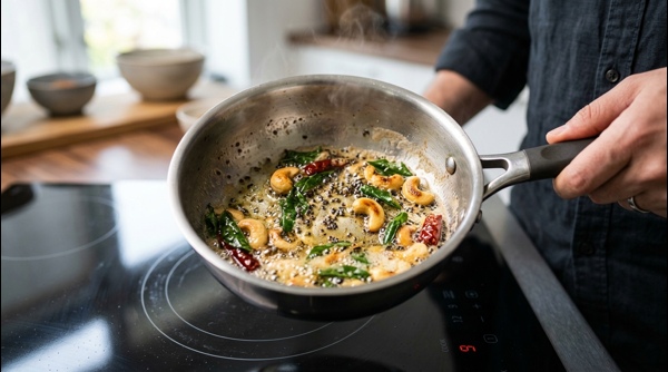 Ghee tempering with curry leaves and cashews being poured over the dish Ghee tempering with curry leaves and cashews being poured over the dish