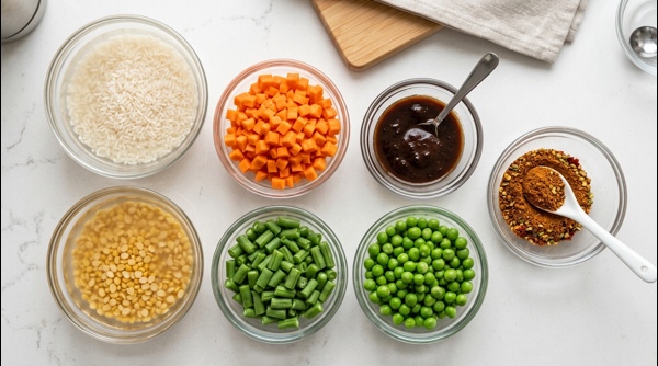 Chopped vegetables, soaked rice, and dal prepared for cooking Chopped vegetables, soaked rice, and dal prepared for cooking