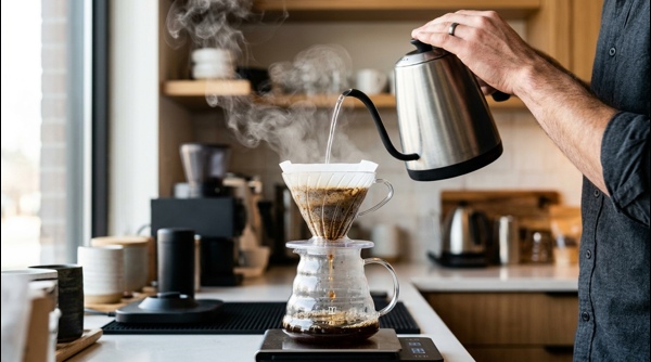 Pouring fresh hot black coffee from a glass carafe into a white mug