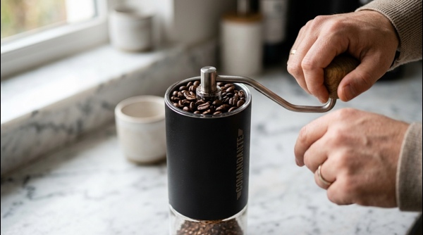 Fresh coffee beans being ground in a modern manual grinder