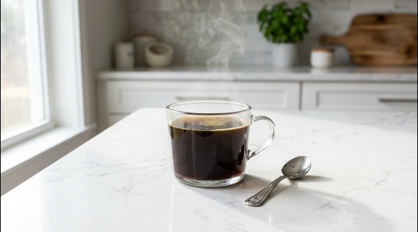 A clean glass mug filled with dark black coffee on a white marble countertop