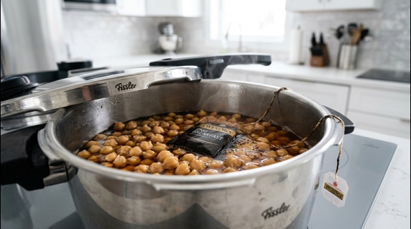 Boiling chickpeas in a pressure cooker with a black tea bag for color Boiling chickpeas in a pressure cooker with a black tea bag for color