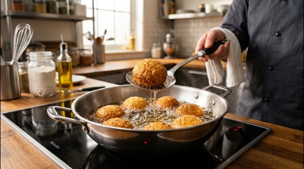 A close up shot of crispy golden bread rolls arranged on a modern plate with dipping sauces A close up shot of crispy golden bread rolls arranged on a modern plate with dipping sauces