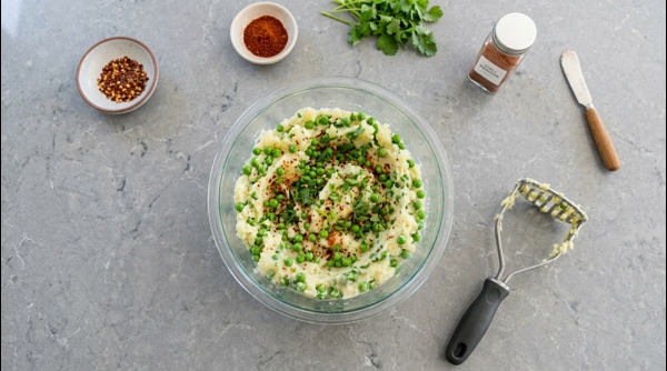 A glass bowl containing mashed potatoes green peas and vibrant Indian spices being mixed together A glass bowl containing mashed potatoes green peas and vibrant Indian spices being mixed together