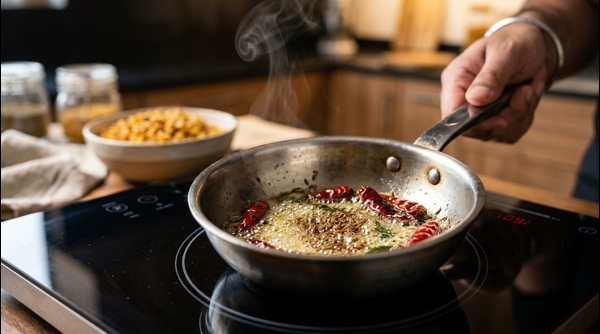 A professional shot of finished Chana Dal in a modern stone bowl on a white marble counter A professional shot of finished Chana Dal in a modern stone bowl on a white marble counter