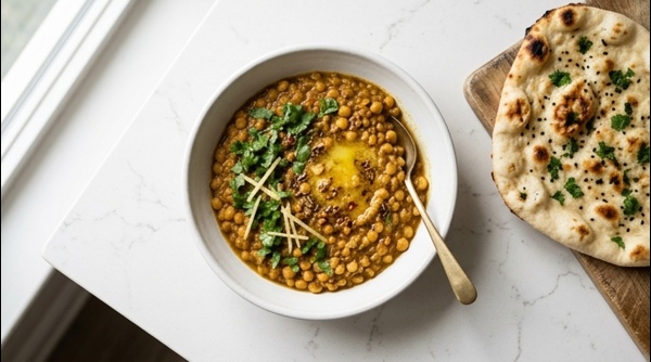 A steaming bowl of Chana Dal garnished with fresh cilantro and ginger juliennes