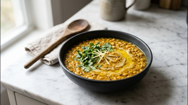 A steaming bowl of yellow chana dal garnished with fresh cilantro and ginger juliennes A steaming bowl of yellow chana dal garnished with fresh cilantro and ginger juliennes