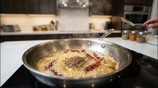 Pouring the aromatic ghee tempering over the finished chana dal