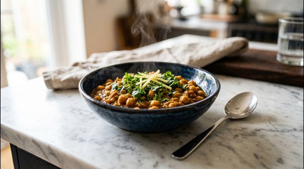 Authentic Dhaba Style Chana Masala served in a copper bowl with ginger juliennes Authentic Dhaba Style Chana Masala served in a copper bowl with ginger juliennes